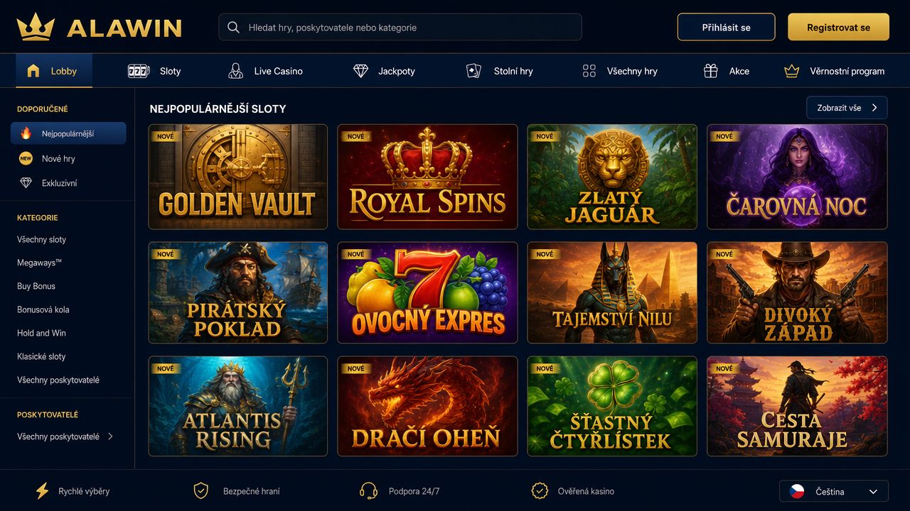 Ukázka domovské stránky online kasina Alawin