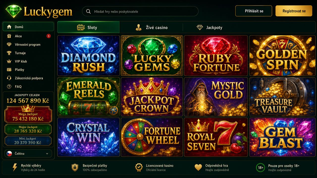 Ukázka webové stránky a herní nabídky online casina Luckygem