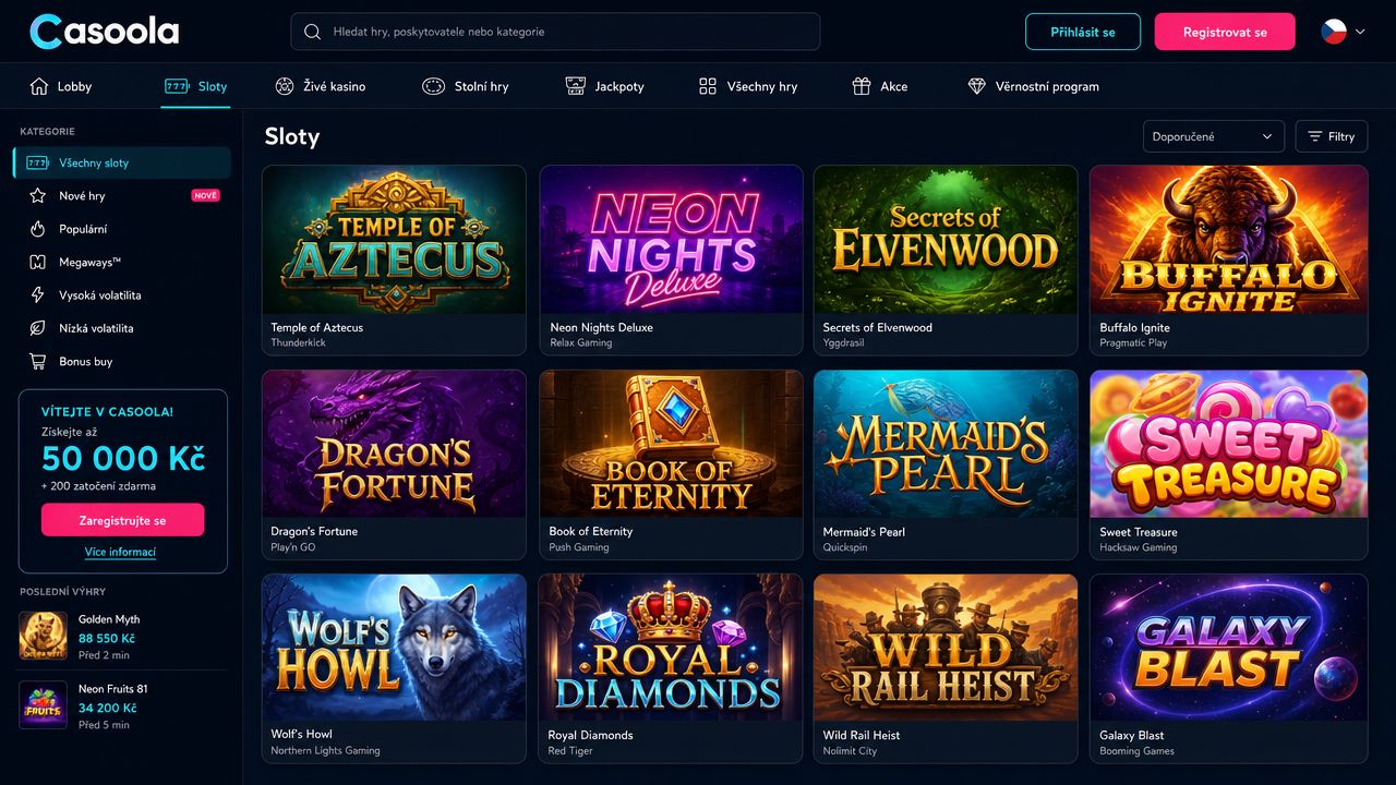 Snímek obrazovky webové stránky Casoola Casino