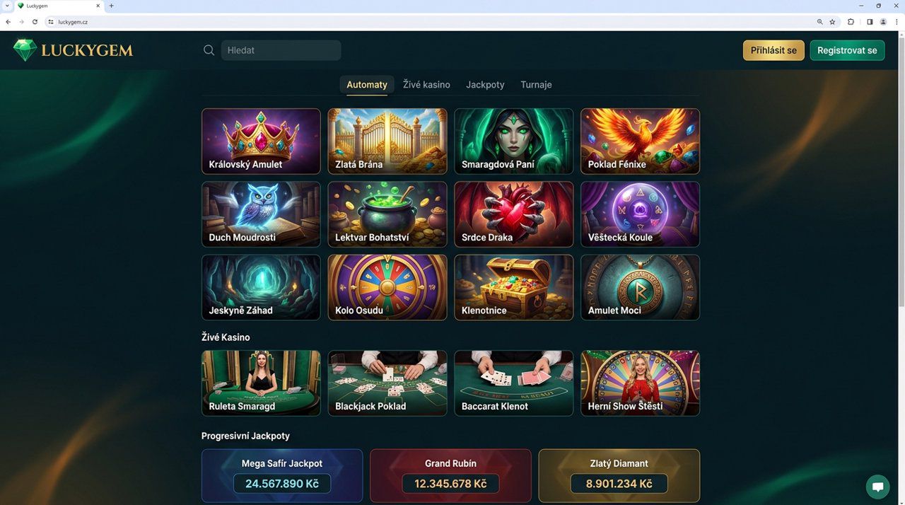 Úvodní stránka online casina Luckygem s nabídkou automatů, živého kasina a jackpotů