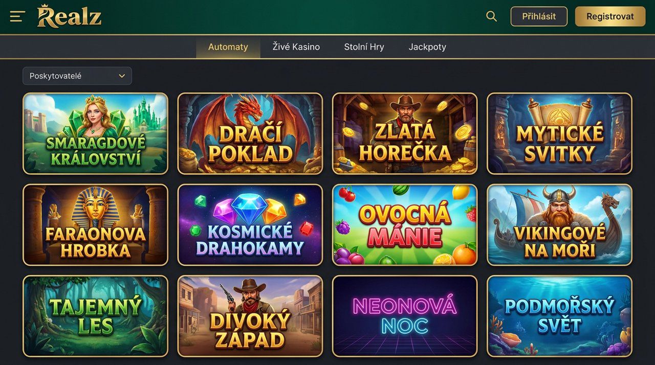 Úvodní stránka online casina Realz s nabídkou automatů, živého casina a jackpotů