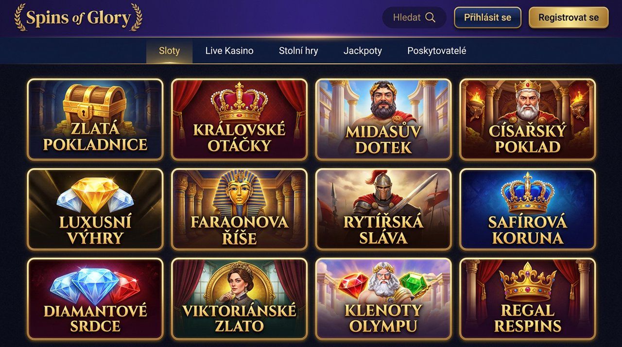 Ukázka úvodní stránky online casina Spins of Glory s nabídkou automatů