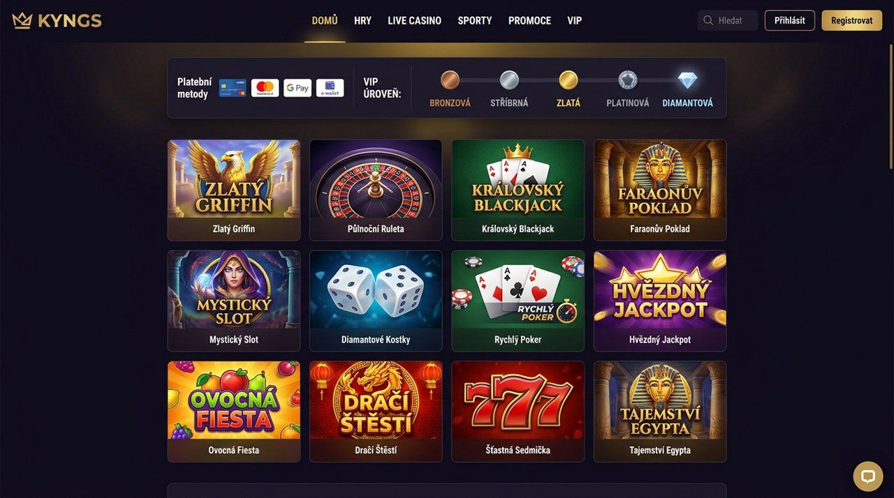 Snímek obrazovky hlavní stránky online casina Kyngs