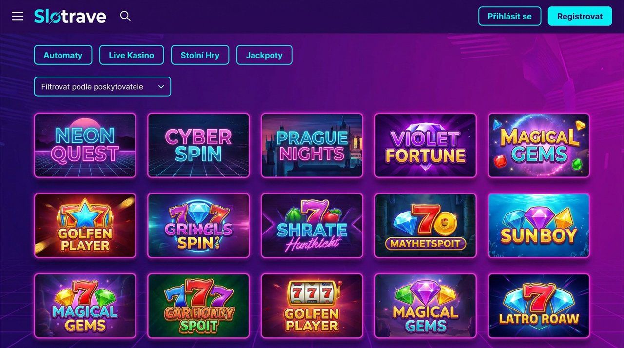 Úvodní stránka online casina Slotrave s nabídkou automatů a živého casina