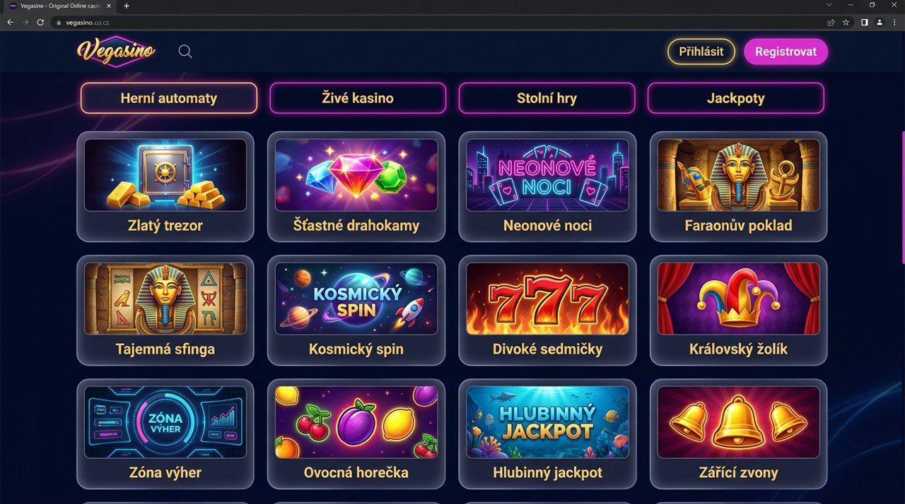 Ukázka úvodní stránky online casina Vegasino s kategoriemi her a nabídkou automatů